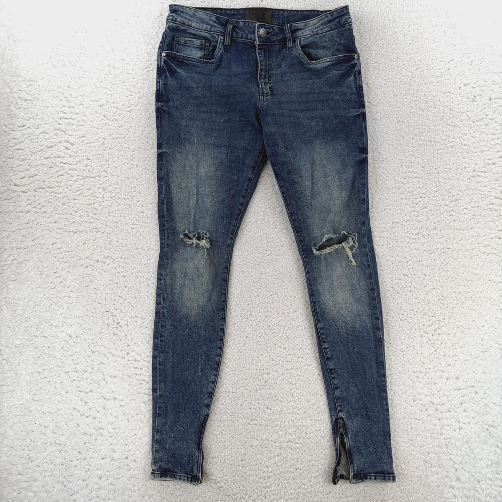 YoungLA Jeans Mens 34x32 Blue Distressed Ankle Zip Stretch Denim Pants Skinny